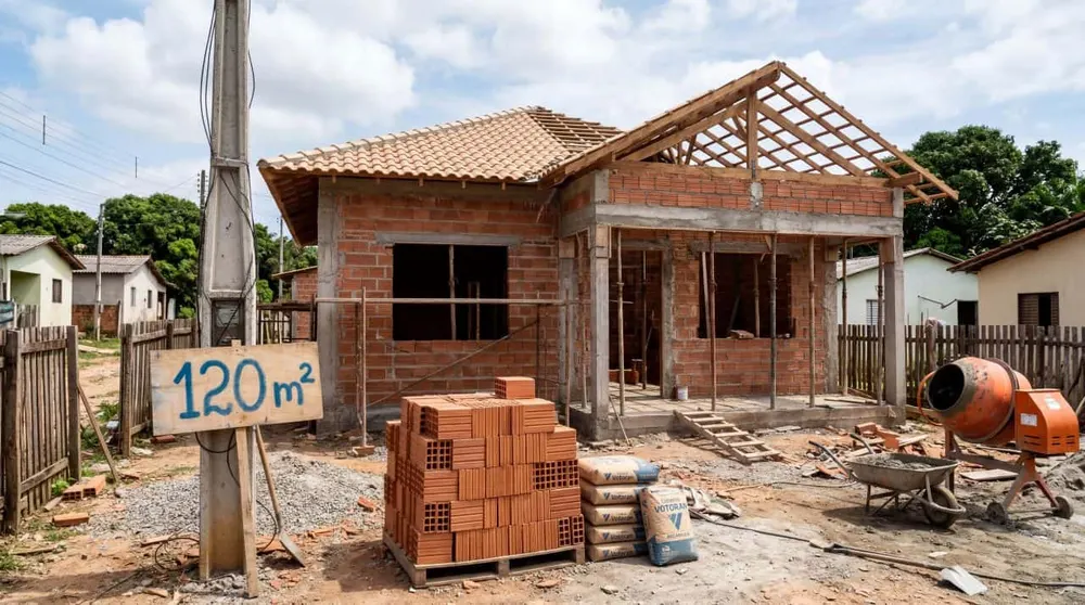 Casa residencial em fase final de construção com fachada em massa corrida cinza e telhado embutido Casa residencial em fase final de construção com fachada em massa corrida cinza e telhado embutido