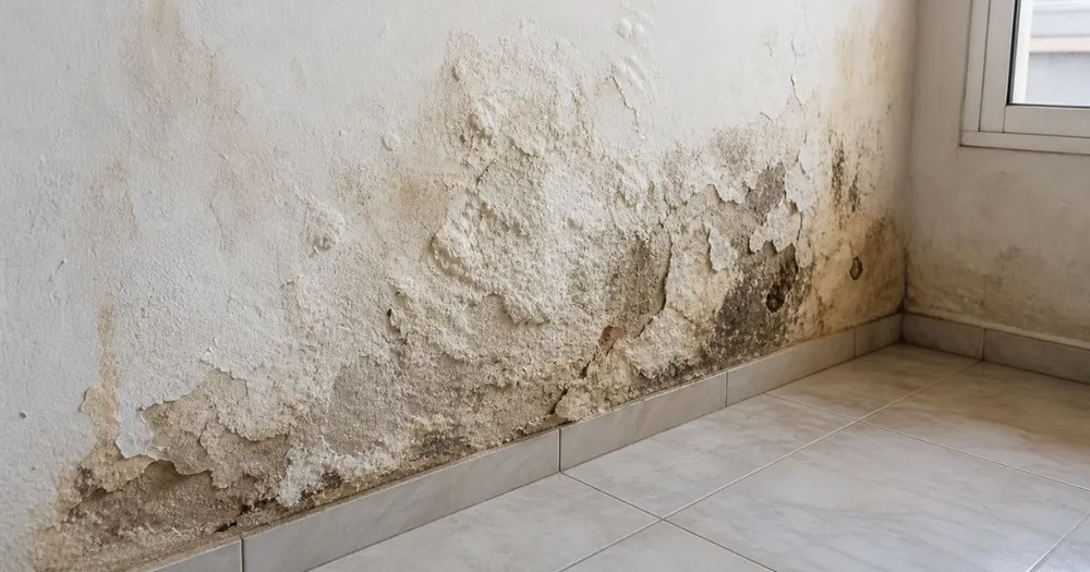 Parede interna com mancha de infiltração, tinta descascando e mofo escuro próximo ao rodapé Parede interna com mancha de infiltração, tinta descascando e mofo escuro próximo ao rodapé
